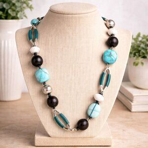 Sigrid Olsen Long Statement Necklace Turquoise Wood Silver Tone Teal Fabric 36"